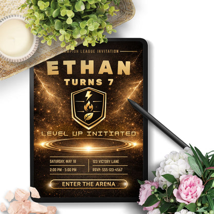 Editable luxury black and gold monster trainer inspired birthday invitation with glowing arena, elite badge, and customizable party details in Canva