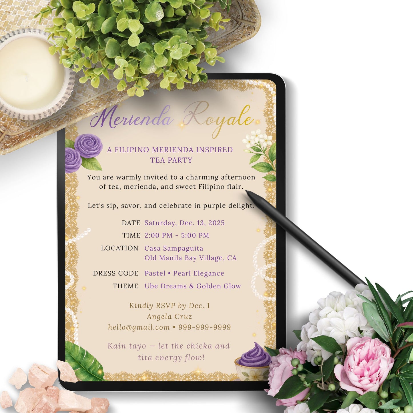 Invitation card for a Filipino-themed tea party with decorative elements on a tablet.