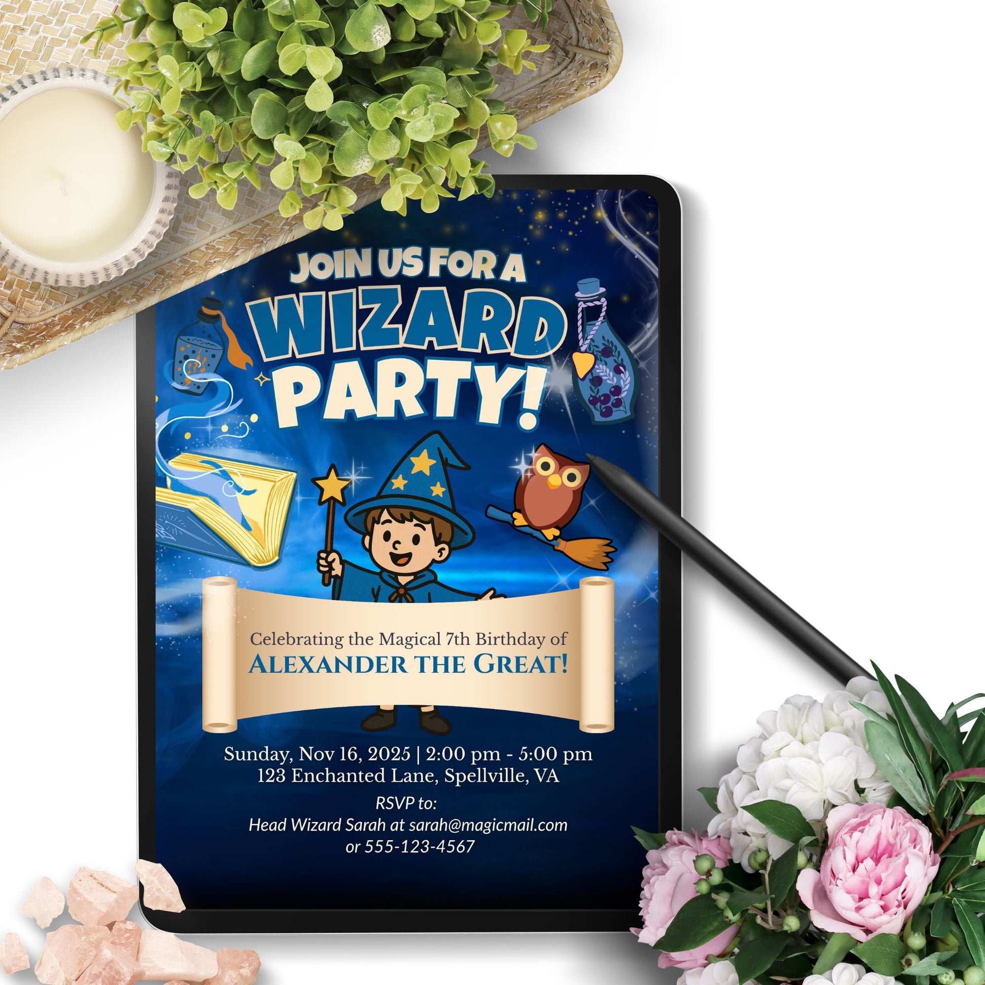 Wizard-themed invitation template featuring a boy wizard with wand, spell book, flying owl, and magical background. Includes editable party details on a scroll banner.