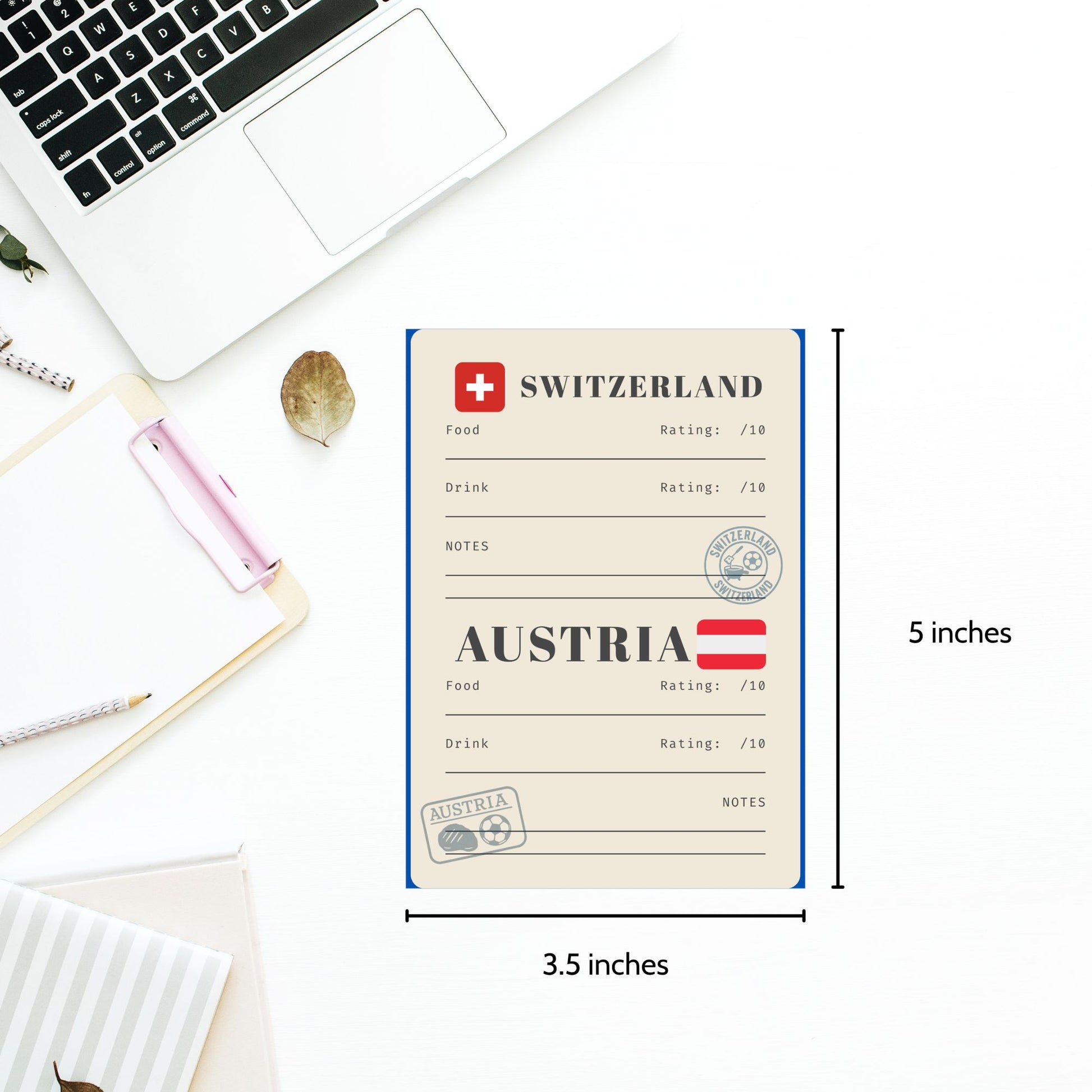 Vintage-inspired Around the World Food & Drink Passport printable featuring 48 World Cup nations, interactive food and drink rating pages, distressed passport stamps, continent divider pages, memory snapshots, Top 10 World Cup Flavors tracker, and official completion certificate in a royal blue, red, and cream travel-themed design.