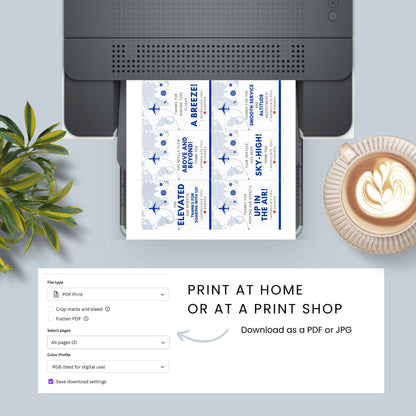 Printable aviation thank you gift tags in classic blue and white with airplane design, ideal for flight crew appreciation gifts.
