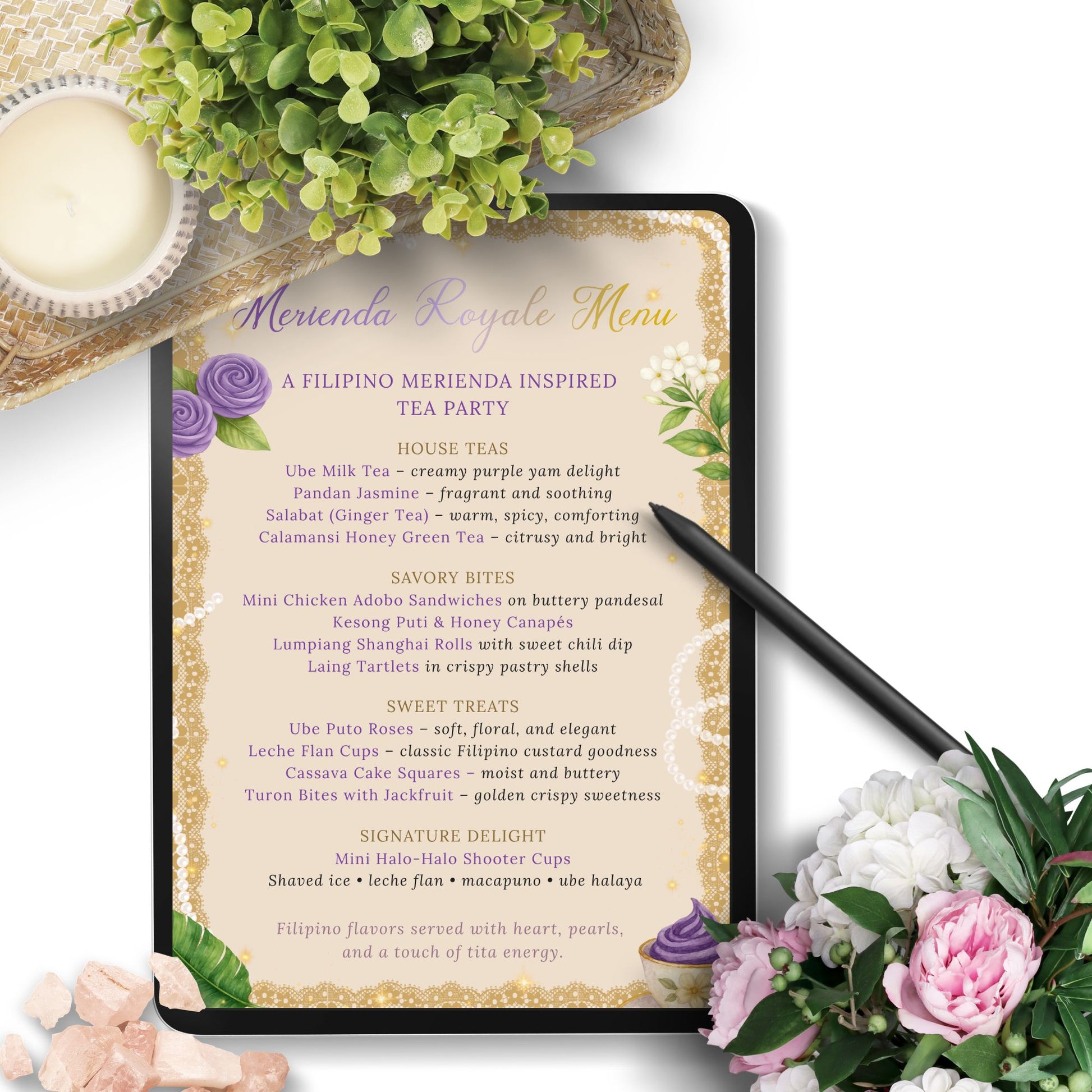 Merienda Royale Menu with floral decorations on a white surface