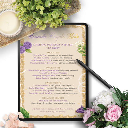Merienda Royale Menu with floral decorations on a white surface