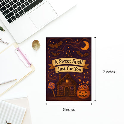 Halloween-themed card with decorative elements and measurements on a white surface.