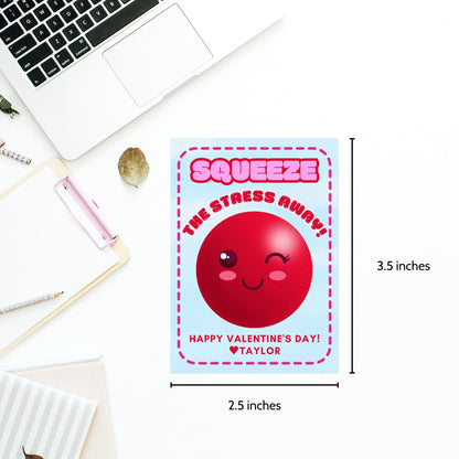 Printable and editable Valentine’s Day gift tags featuring a smiling stress ball with the message "Squeeze the Stress Away!" Perfect for pairing with a stress ball as a thoughtful and fun gift for teachers, employees, students, and coworkers.