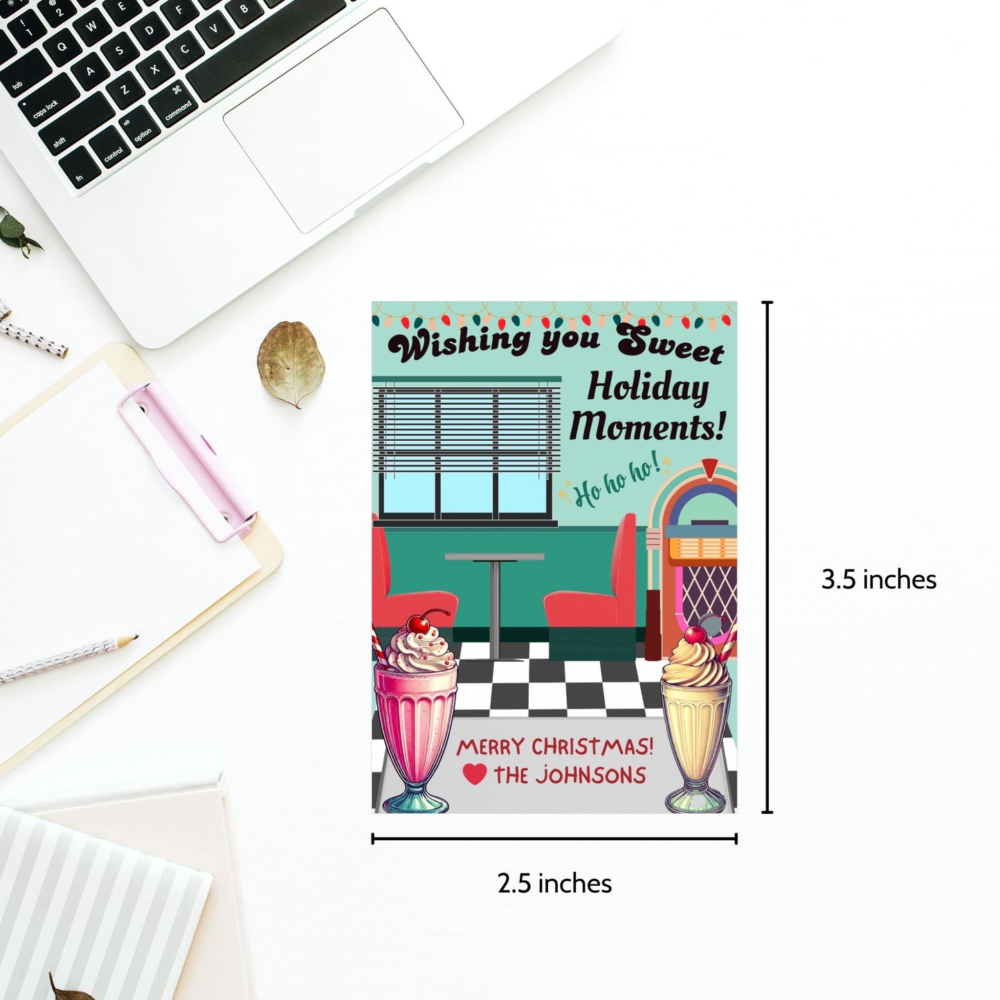 Retro-inspired Christmas gift tags featuring a 1950s diner scene with a jukebox, booths, and milkshakes, paired with the message "Wishing You Sweet Holiday Moments!" These printable and editable tags add a nostalgic touch to holiday gifting.