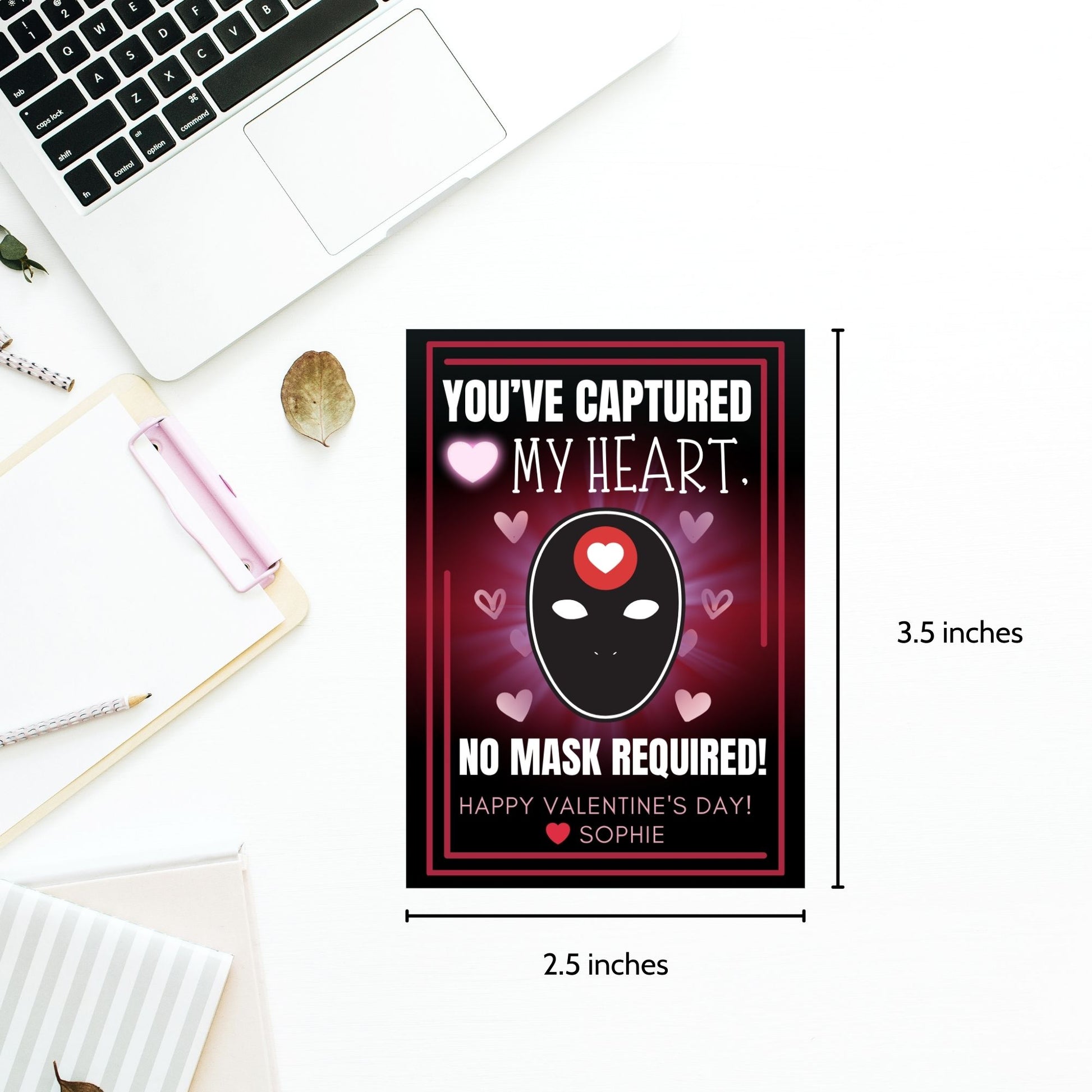 Game-inspired printable Valentine’s Day gift tags featuring the message "You’ve Captured My Heart, No Mask Required!" with a customizable name area. Perfect for gaming enthusiasts or anyone who loves playful, themed gift tags.