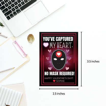 Game-inspired printable Valentine’s Day gift tags featuring the message "You’ve Captured My Heart, No Mask Required!" with a customizable name area. Perfect for gaming enthusiasts or anyone who loves playful, themed gift tags.