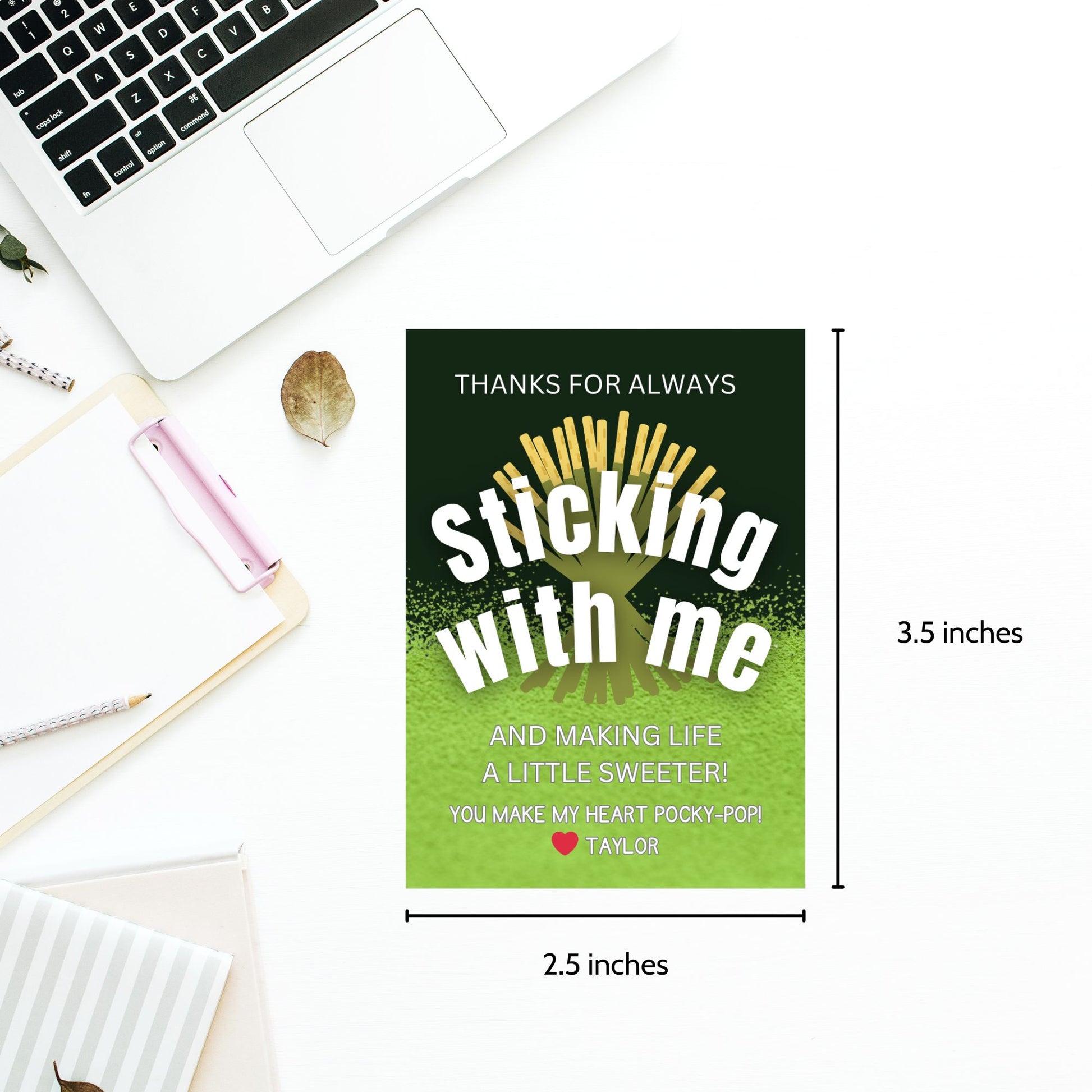 Matcha Pocky printable thank you gift tags in green reading “Thanks for Always Sticking With Me and Making Life a Little Sweeter,” 2.5x3.5 inches, 8 per 8.5x11 sheet, editable Canva template included.