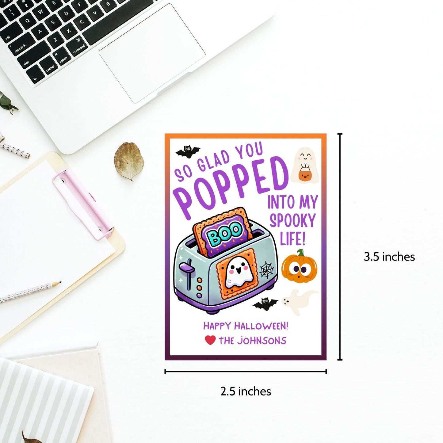 Halloween gift tag featuring a toaster with Pop-Tarts and ghosts with the message 'So Glad You Popped into My Spooky Life!' for Halloween Pop-Tart gifts. Perfect for printable and editable Halloween treat tags.