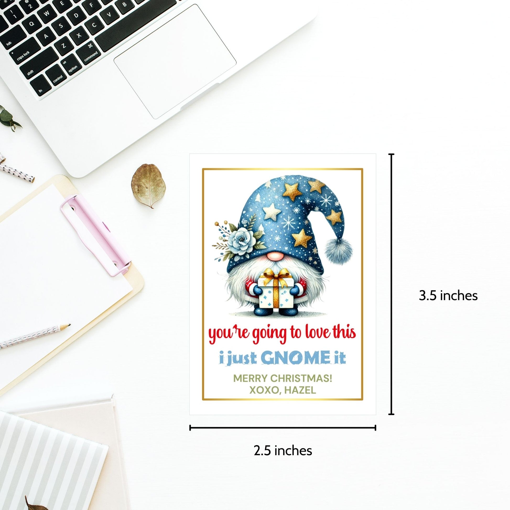 Festive "You're Going to Love This, I Just GNOME It" gift tags featuring a whimsical gnome holding a present, ideal for Christmas or any gift occasion. Includes printable PDF and editable Canva template.