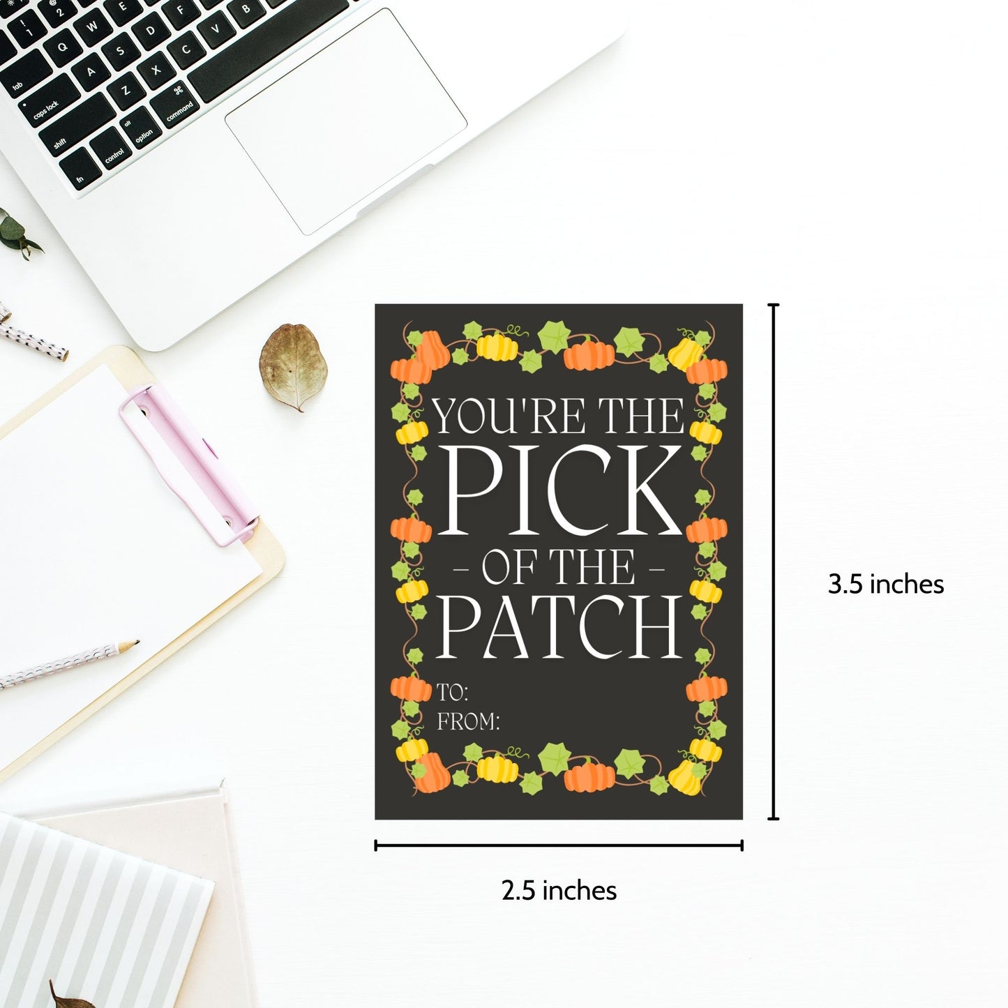 Editable Pumpkin Patch-themed fall gift tags in 2.5 x 3.5 inches, 8 per sheet, available as printable and customizable PDFs