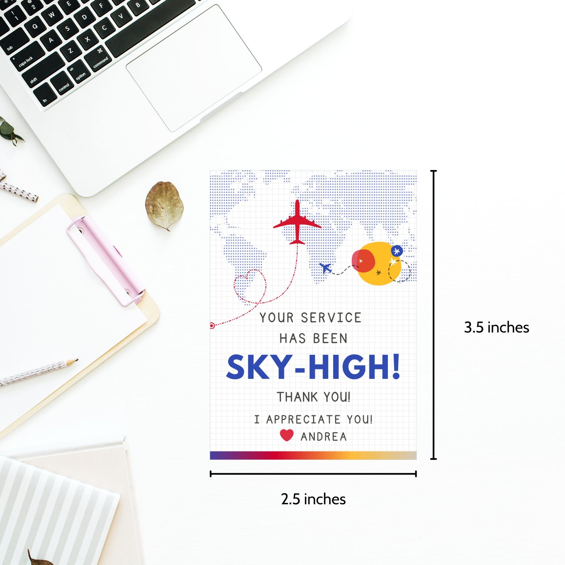 Printable aviation thank you gift tags with bright red, blue, and sunset tones, designed for fun and cheerful flight crew appreciation gifts.