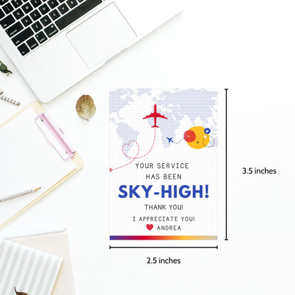 Printable aviation thank you gift tags with bright red, blue, and sunset tones, designed for fun and cheerful flight crew appreciation gifts.