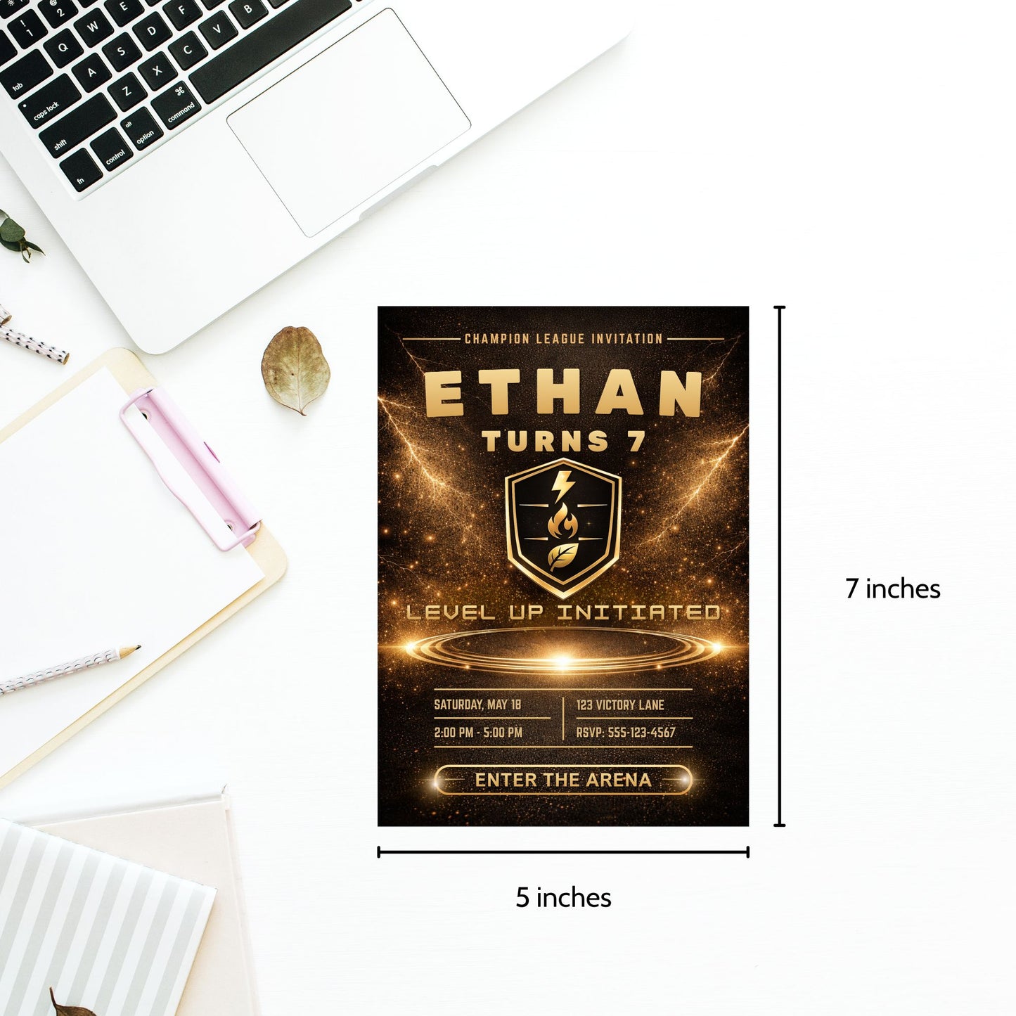 Editable luxury black and gold monster trainer inspired birthday invitation with glowing arena, elite badge, and customizable party details in Canva