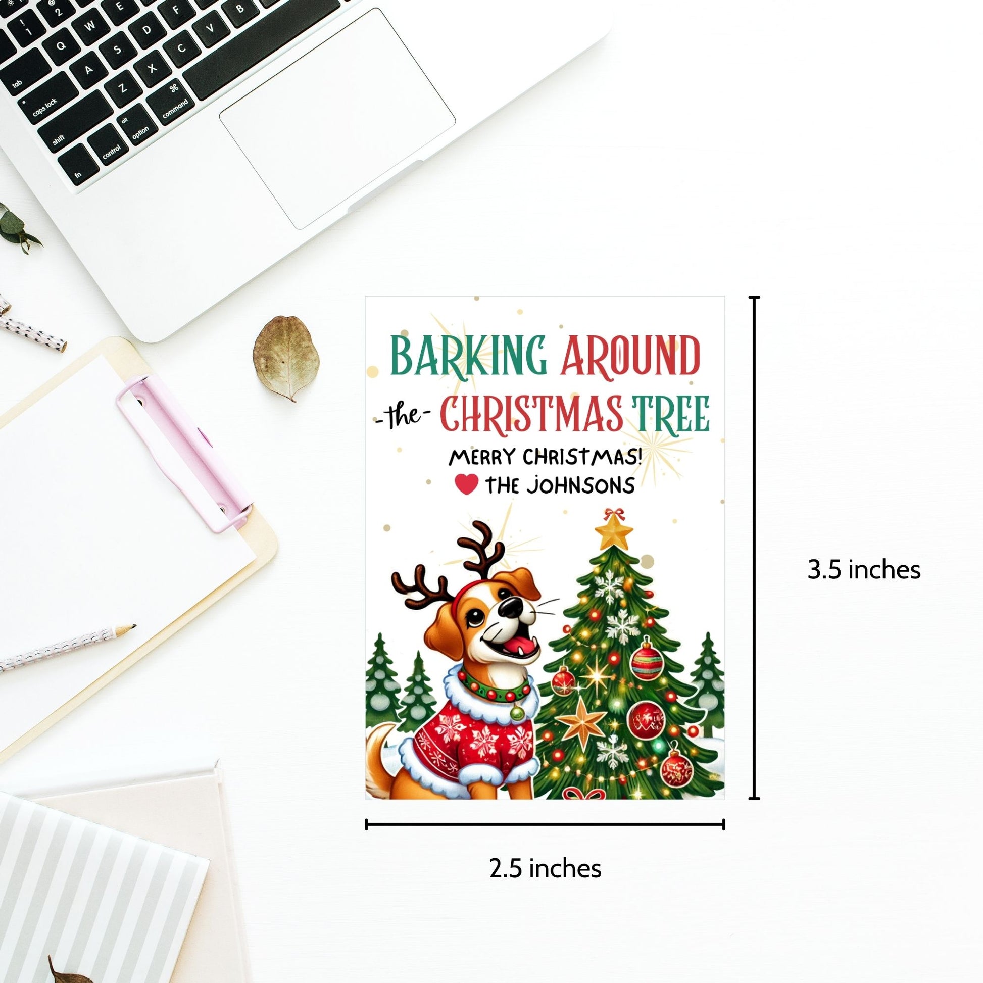 Christmas gift tags featuring a joyful dog with reindeer antlers and a festive sweater, surrounded by decorated Christmas trees, with the message "Barking Around the Christmas Tree." These printable and editable tags are perfect for dog lovers and add a fun holiday touch to gifts.