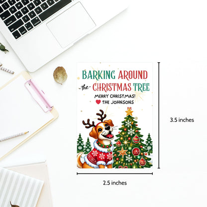 Christmas gift tags featuring a joyful dog with reindeer antlers and a festive sweater, surrounded by decorated Christmas trees, with the message "Barking Around the Christmas Tree." These printable and editable tags are perfect for dog lovers and add a fun holiday touch to gifts.