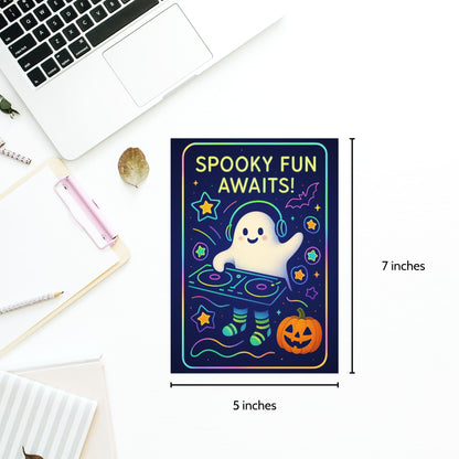 Halloween-themed card with ghost DJ illustration and 'Spooky Fun Awaits!' text, placed on a desk with laptop and stationery.