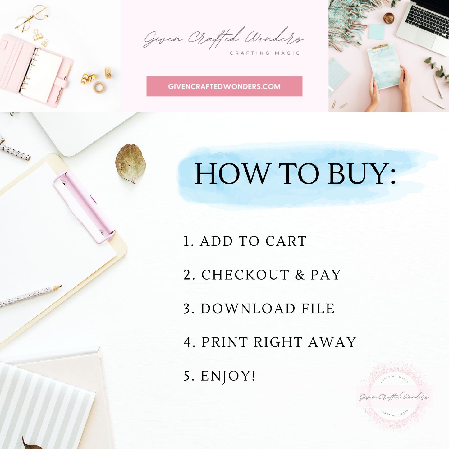Step-by-step guide on how to purchase a product from Given Crafted Wonders with a white background and crafting items.