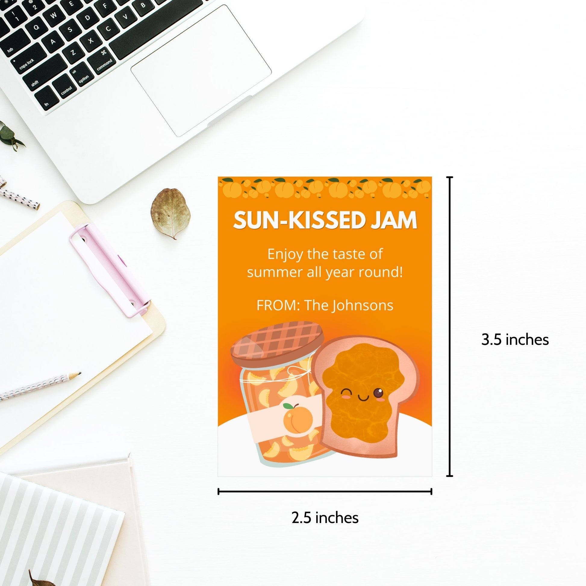 Charming gift tags featuring a colorful jam and toast design with the text "Sun-Kissed Jam. Enjoy the taste of summer all year round!" Personalize with names and messages.