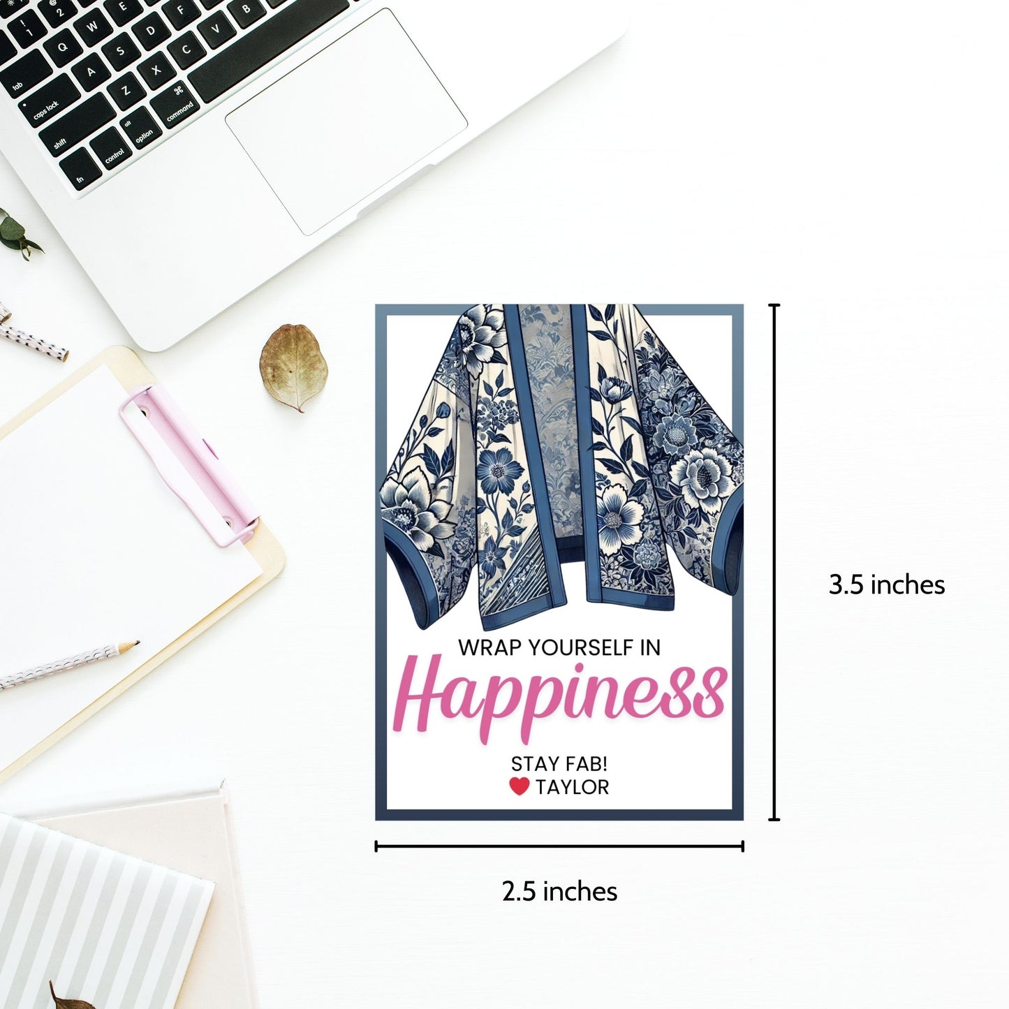 Printable kimono gift tags featuring a colorful kimono design with the text "Wrap Yourself in Happiness" and customizable space for names, perfect for adding a personal touch to any gift.