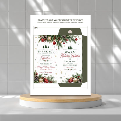 A holiday-themed ready-to-cut valet parking tip envelope displayed on a light wood and white round pedestal against a gray tiled wall. The white envelope features festive green pine garlands with red ornaments, gold pinecones, and snowflake details, along with customizable text reading 'THANK YOU' and 'WARM Holiday Wishes'.