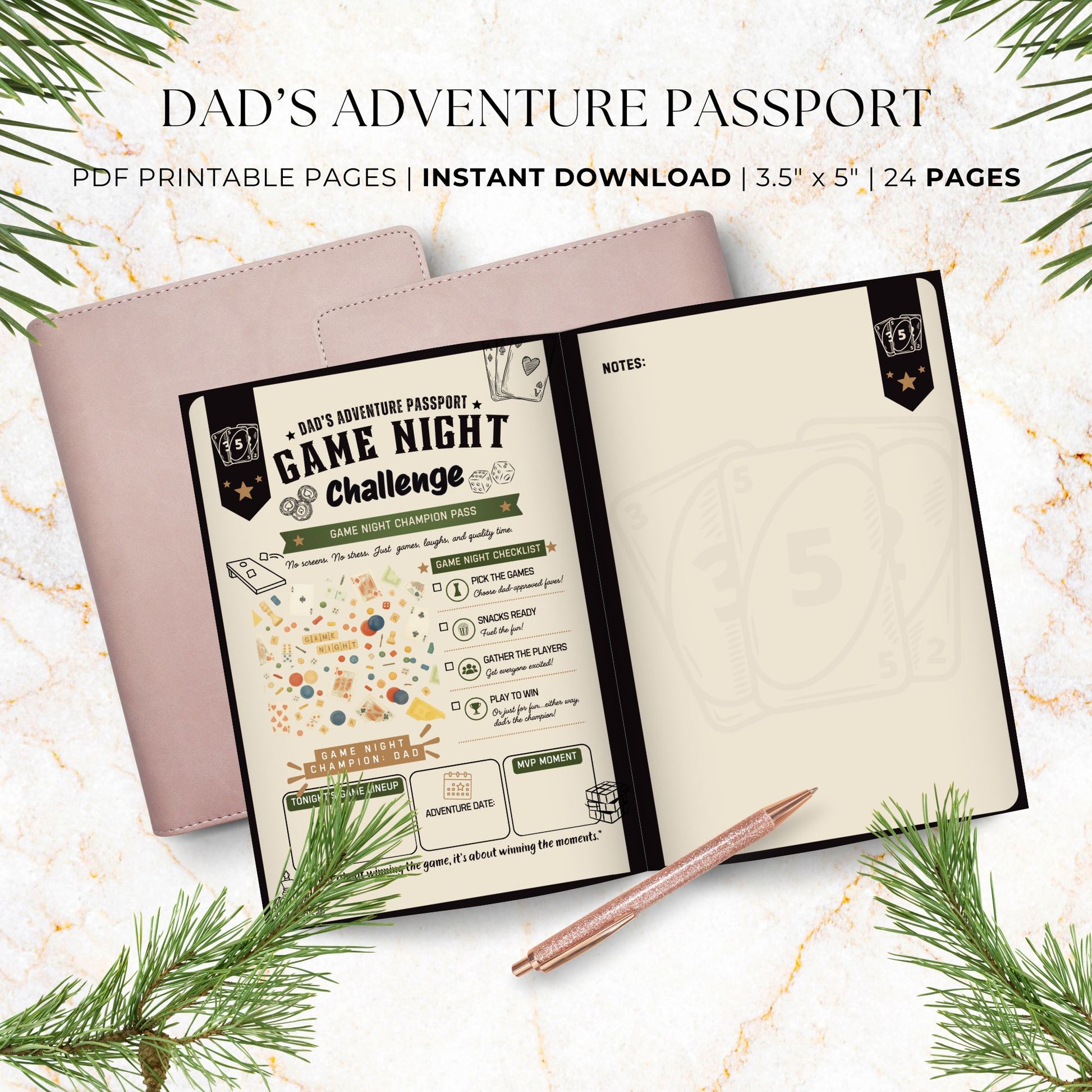 Dad's Adventure Passport printable Father's Day gift featuring 24 pages of family adventures, memory prompts, completion certificate, and printable booklet format for dads and kids.