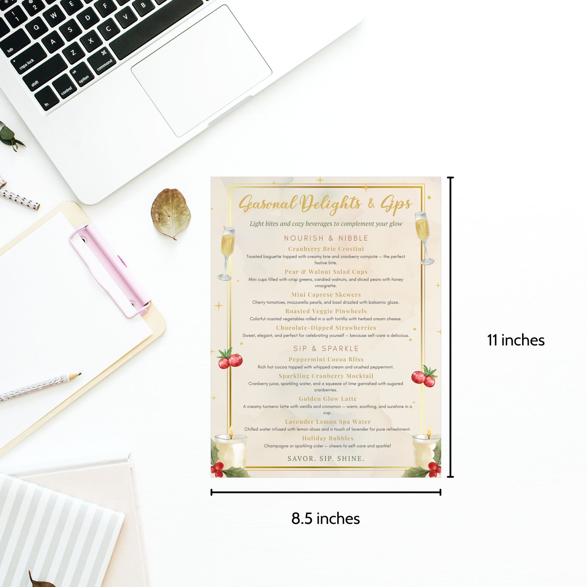 Elegant editable spa food and drink menu template – “Seasonal Delights & Sips” featuring holiday-inspired refreshments and cozy spa treats, designed to match the Glow into the Holidays collection by Given Crafted Wonders.