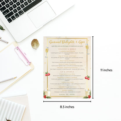 Elegant editable spa food and drink menu template – “Seasonal Delights & Sips” featuring holiday-inspired refreshments and cozy spa treats, designed to match the Glow into the Holidays collection by Given Crafted Wonders.