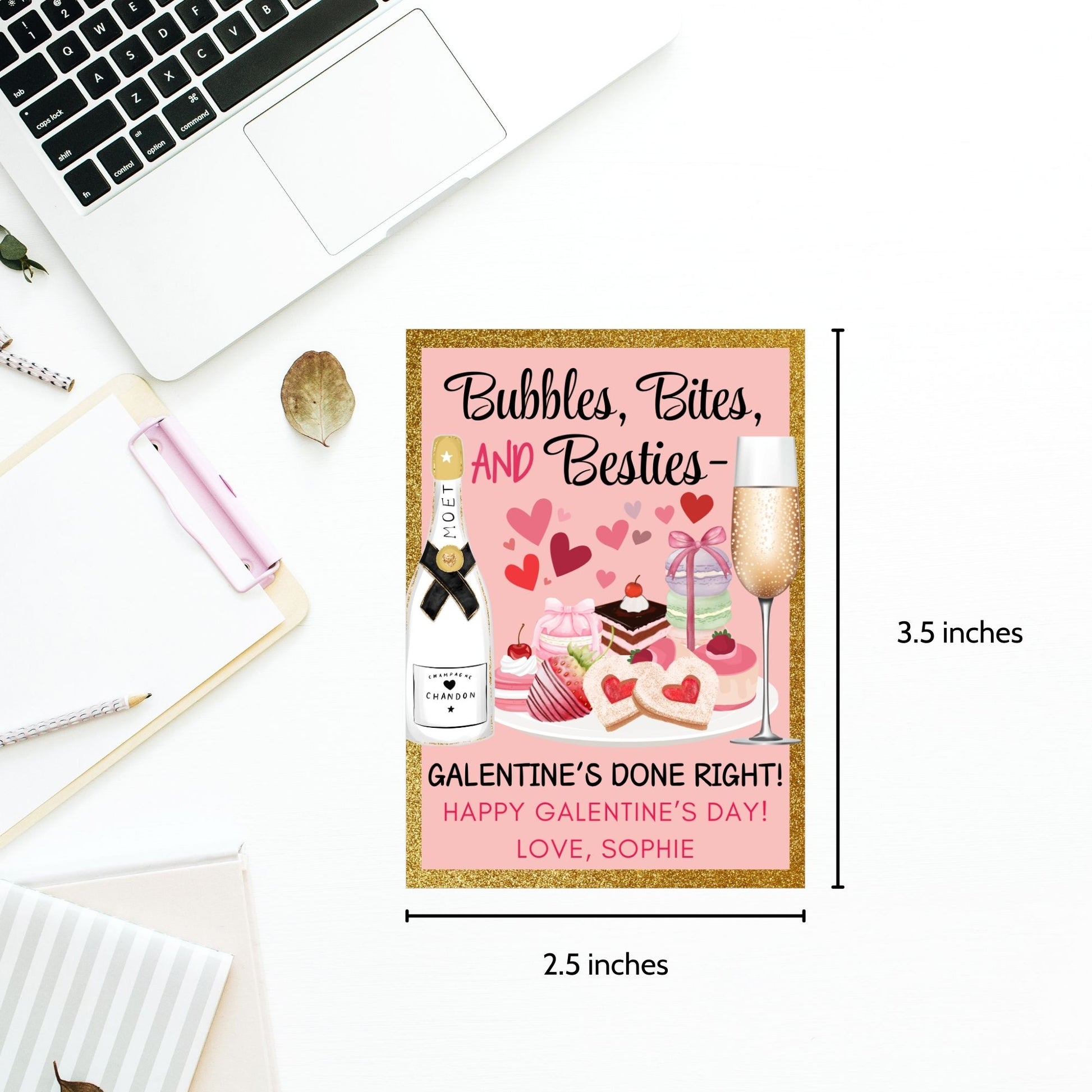 Festive printable and editable Galentine’s Day gift tags featuring champagne, sweets, and the message "Bubbles, Bites, and Besties." Perfect for wine nights, brunch, or Galentine’s gift bags.