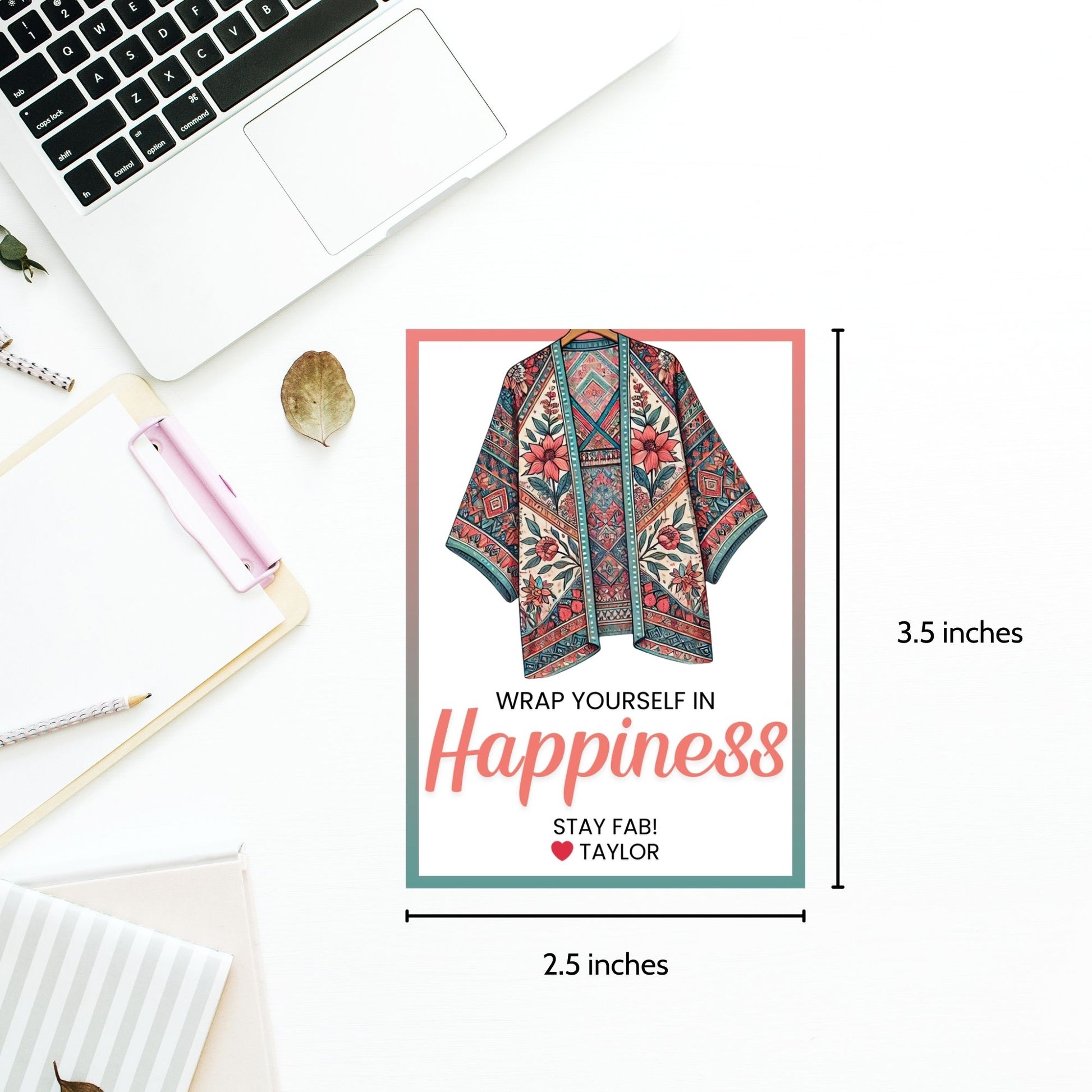 Printable kimono gift tags featuring a colorful kimono design with the text "Wrap Yourself in Happiness" and customizable space for names, perfect for adding a personal touch to any gift.