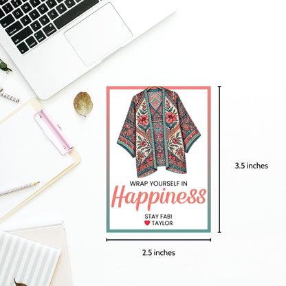 Printable kimono gift tags featuring a colorful kimono design with the text "Wrap Yourself in Happiness" and customizable space for names, perfect for adding a personal touch to any gift.