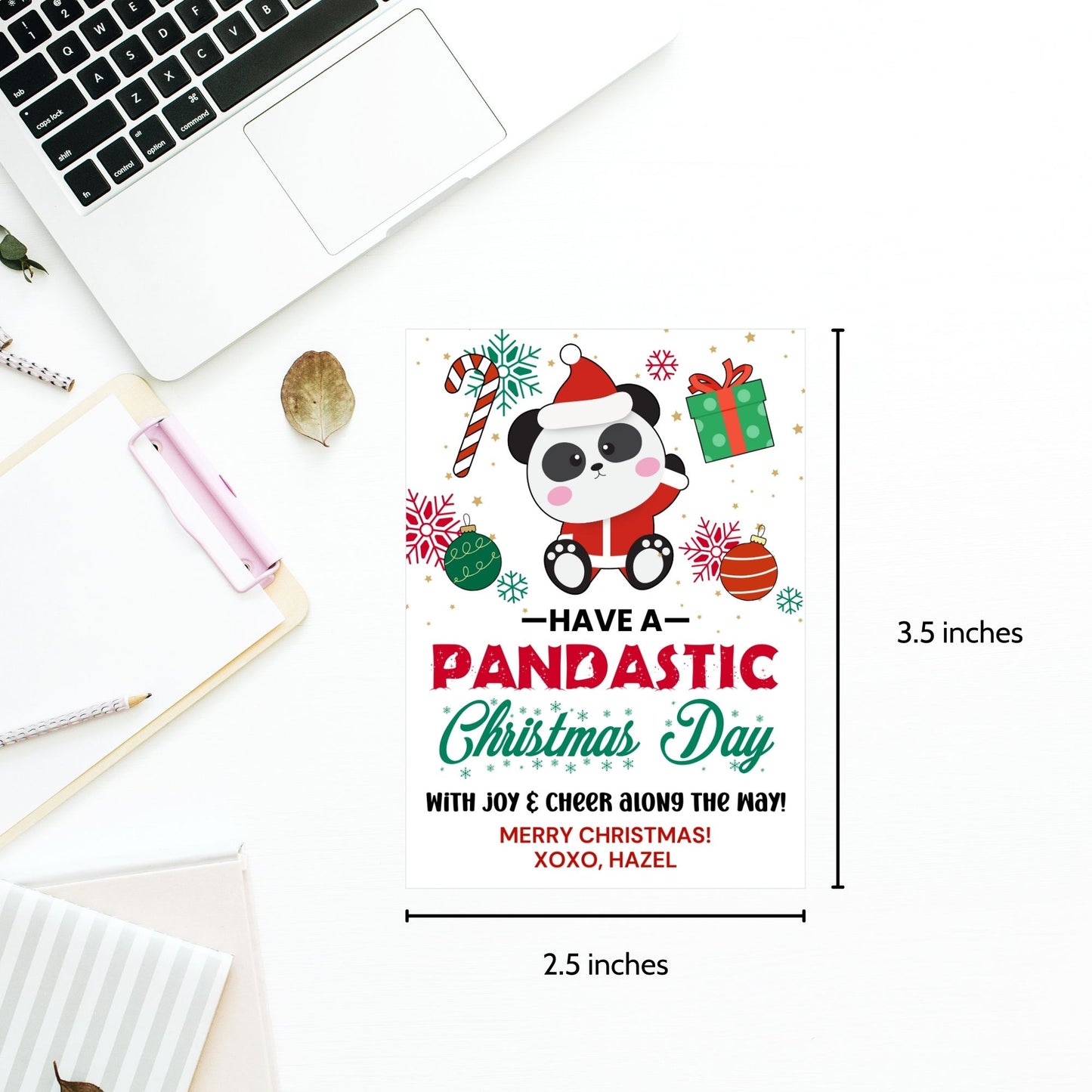 Panda-themed Christmas gift tags featuring a festive panda with holiday decorations and the message 'Have a Pandastic Christmas Day.' Perfect for adding a cute and cheerful touch to holiday presents.