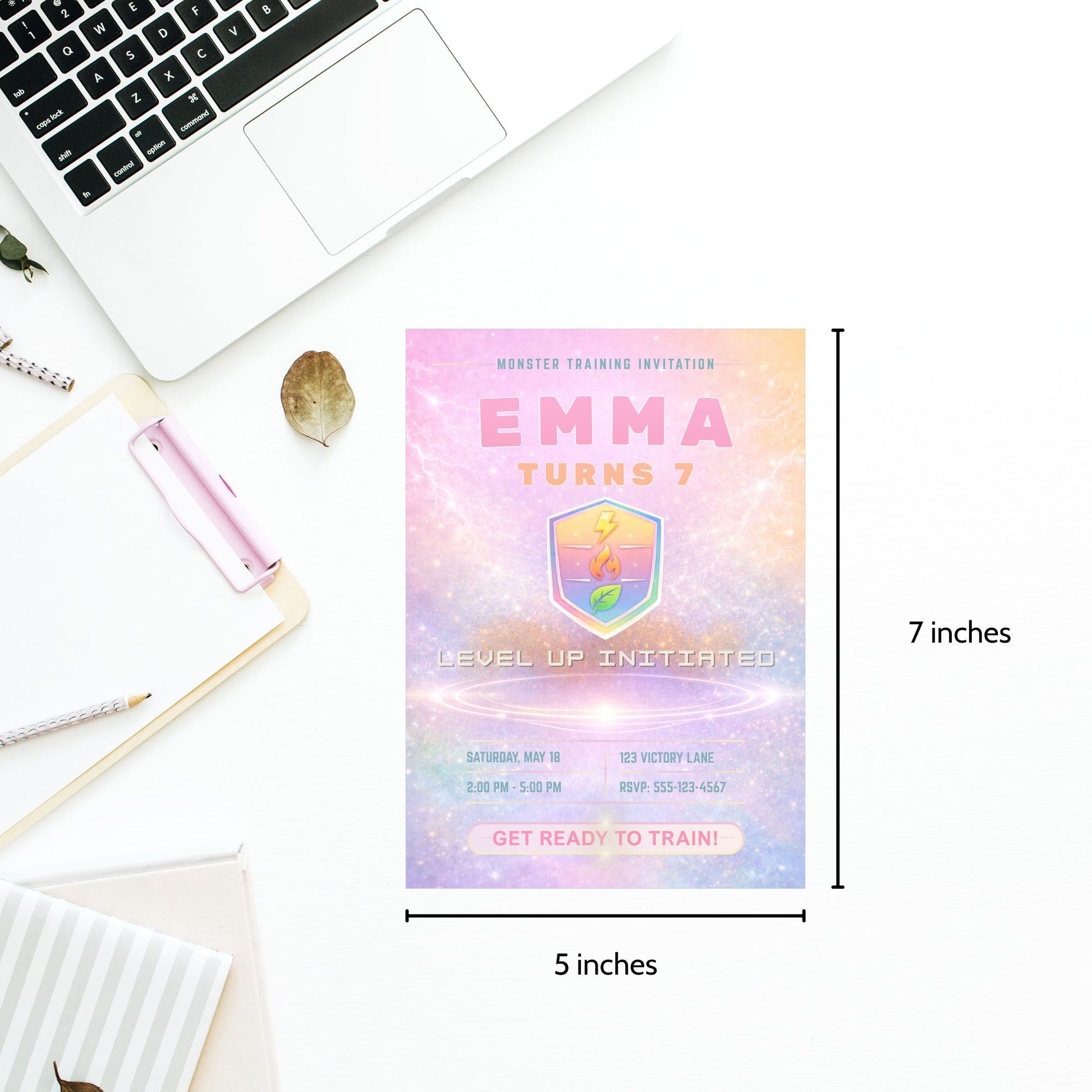 Editable pastel rainbow monster trainer inspired birthday invitation with soft glowing arena, cute badge design, and customizable party details in Canva