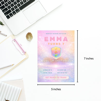 Editable pastel rainbow monster trainer inspired birthday invitation with soft glowing arena, cute badge design, and customizable party details in Canva