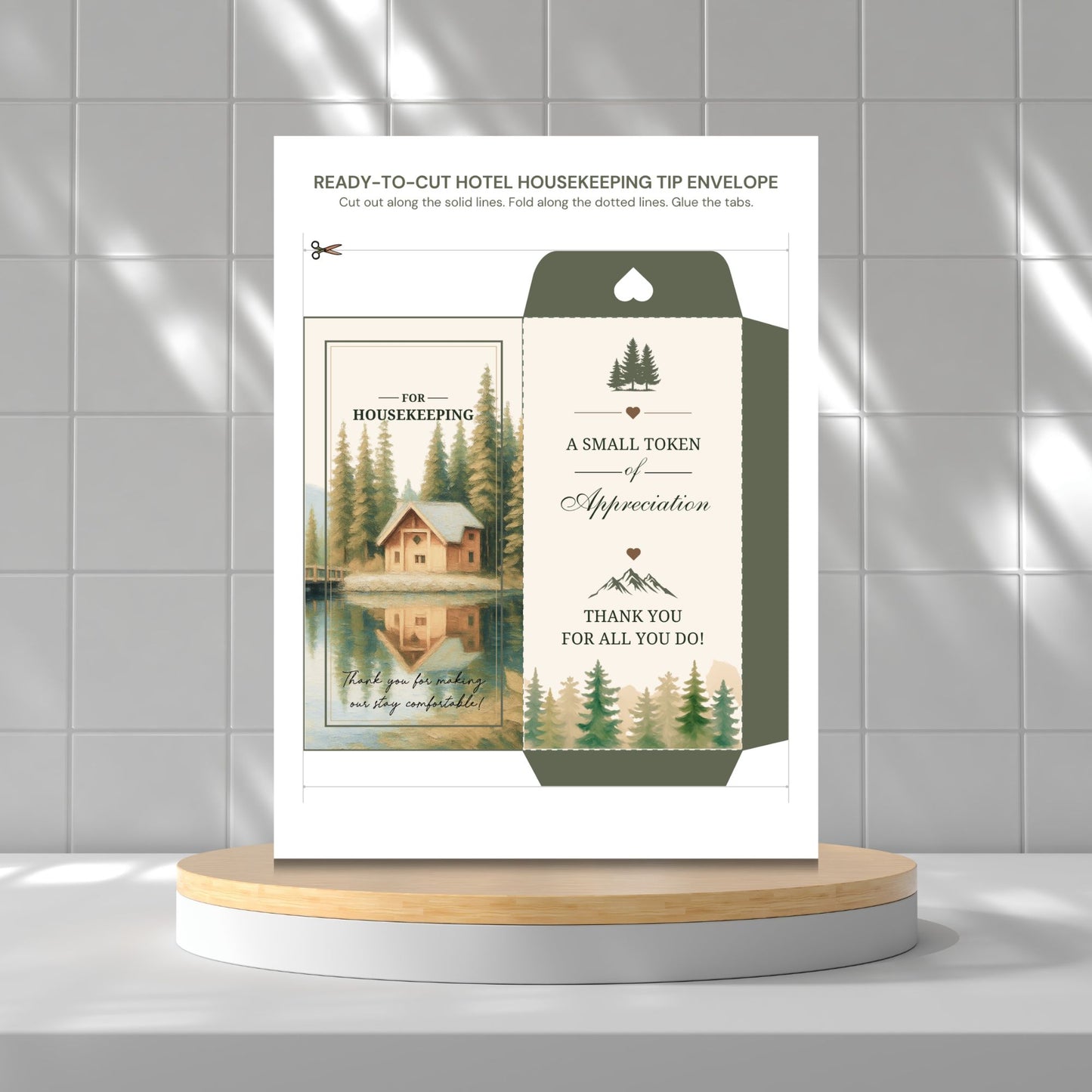 A printed housekeeping tip envelope card displayed upright on a round pedestal against a light gray tiled wall. The card shows a cabin-and-trees travel illustration on the left and folded envelope packaging on the right with text including 'A Small Token of Appreciation' and 'Thank You for All You Do!'.