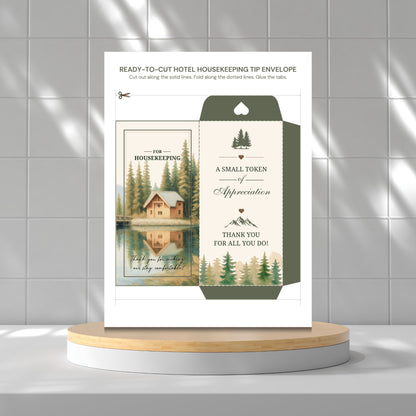 A printed housekeeping tip envelope card displayed upright on a round pedestal against a light gray tiled wall. The card shows a cabin-and-trees travel illustration on the left and folded envelope packaging on the right with text including 'A Small Token of Appreciation' and 'Thank You for All You Do!'.