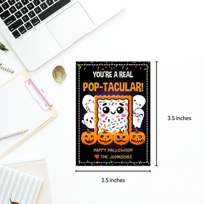 Halloween gift tag featuring a cute Pop-Tart with sprinkles, surrounded by pumpkins and ghosts, with the message 'You're a Real Pop-tacular!'