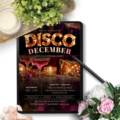 A digital invitation template displayed on a tablet screen, styled with a pen, green leaves, pink and white flowers, and crystals on a white background.