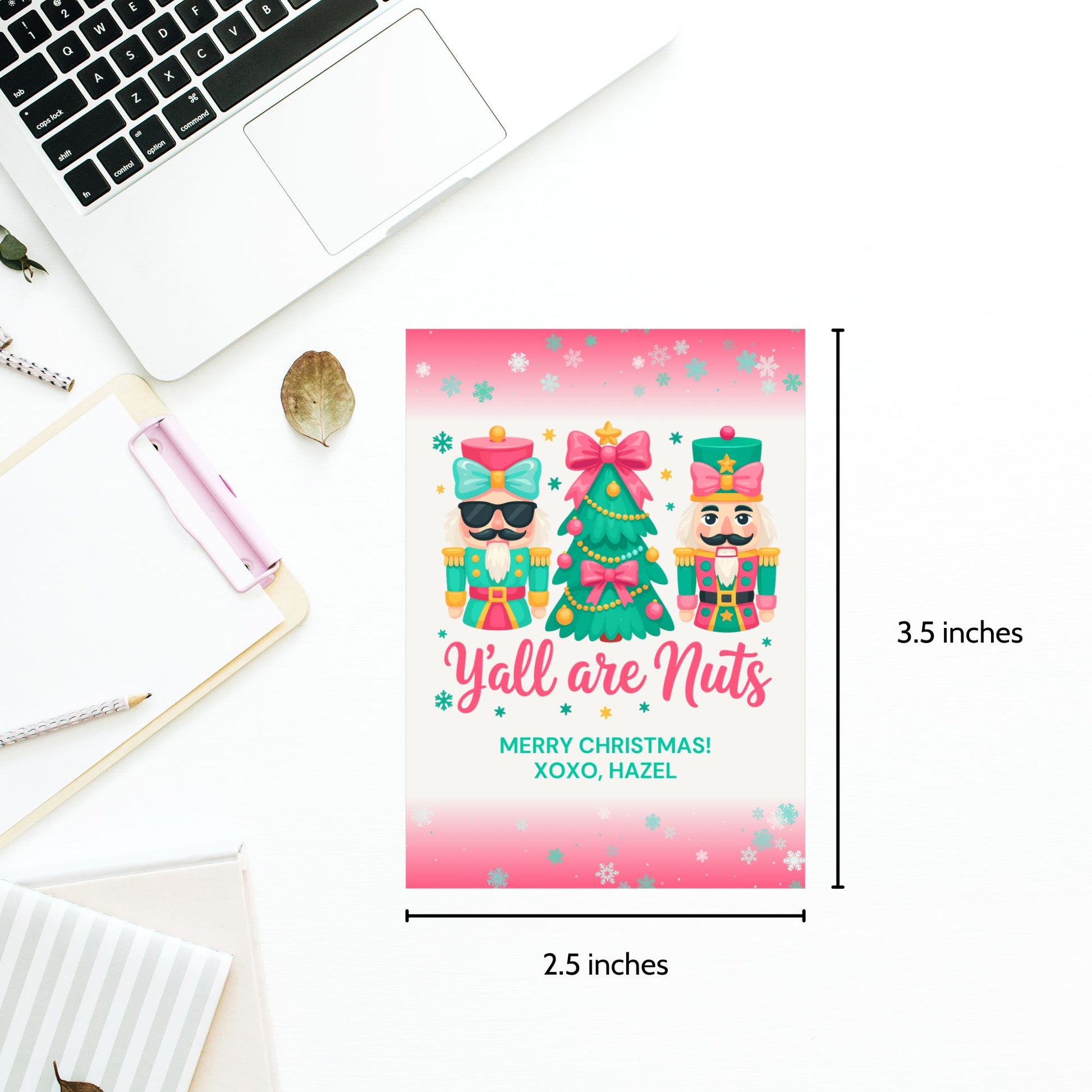 Printable and editable Christmas gift tags with the phrase “Y’all Are Nuts,” sized 2.5 x 3.5 inches, laid out 8 per sheet on 8.5 x 11. Perfect for holiday treat bags and nut-themed gifts.