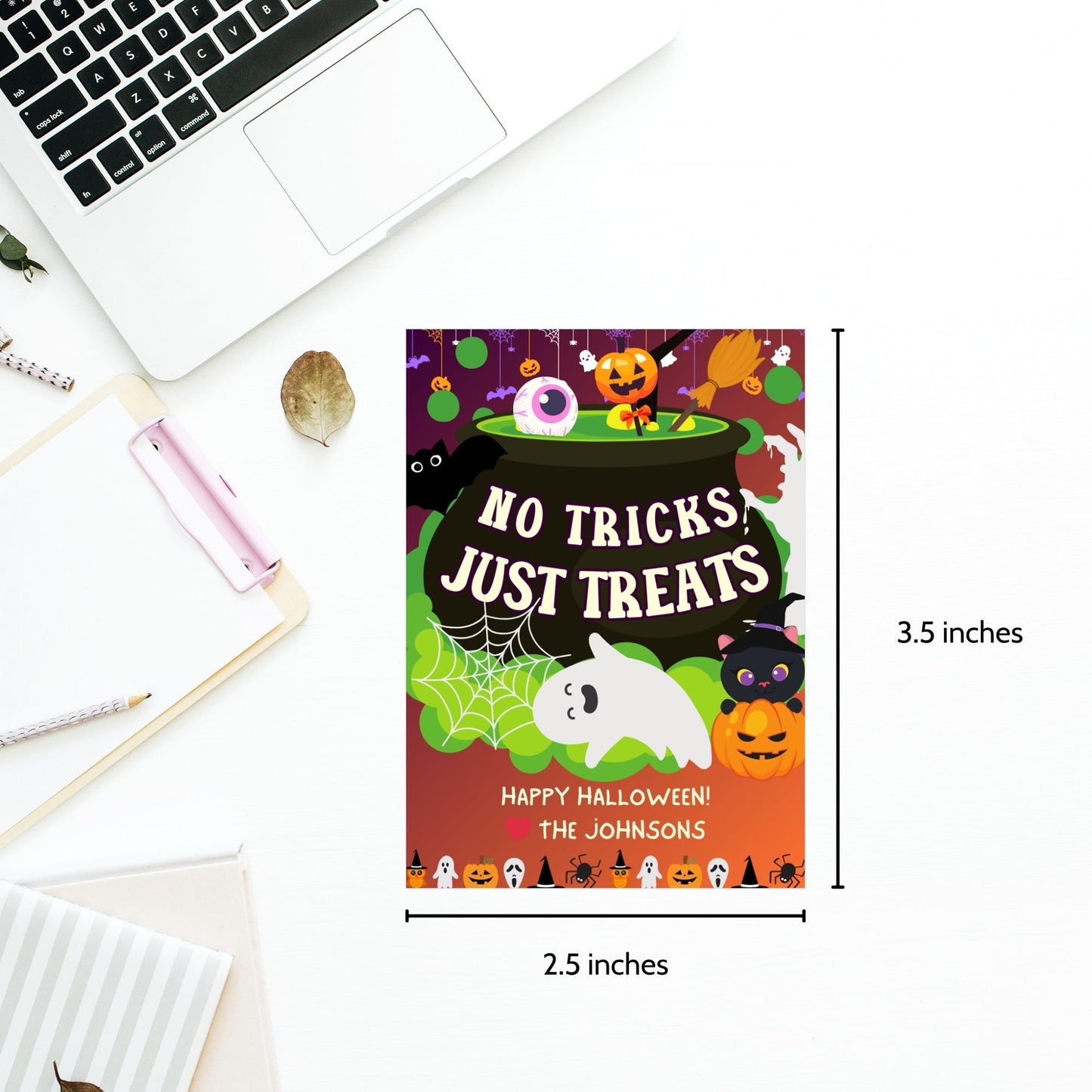 Halloween-themed printable gift tags with the message "No Tricks, Just Treats" featuring colorful cauldrons, ghosts, and pumpkins, perfect for treat gifts. Tags are 2.5 x 3.5 inches, laid out 8 per sheet on a standard 8.5 x 11-inch page. Includes a printable PDF and a PDF with a link to an editable Canva template.