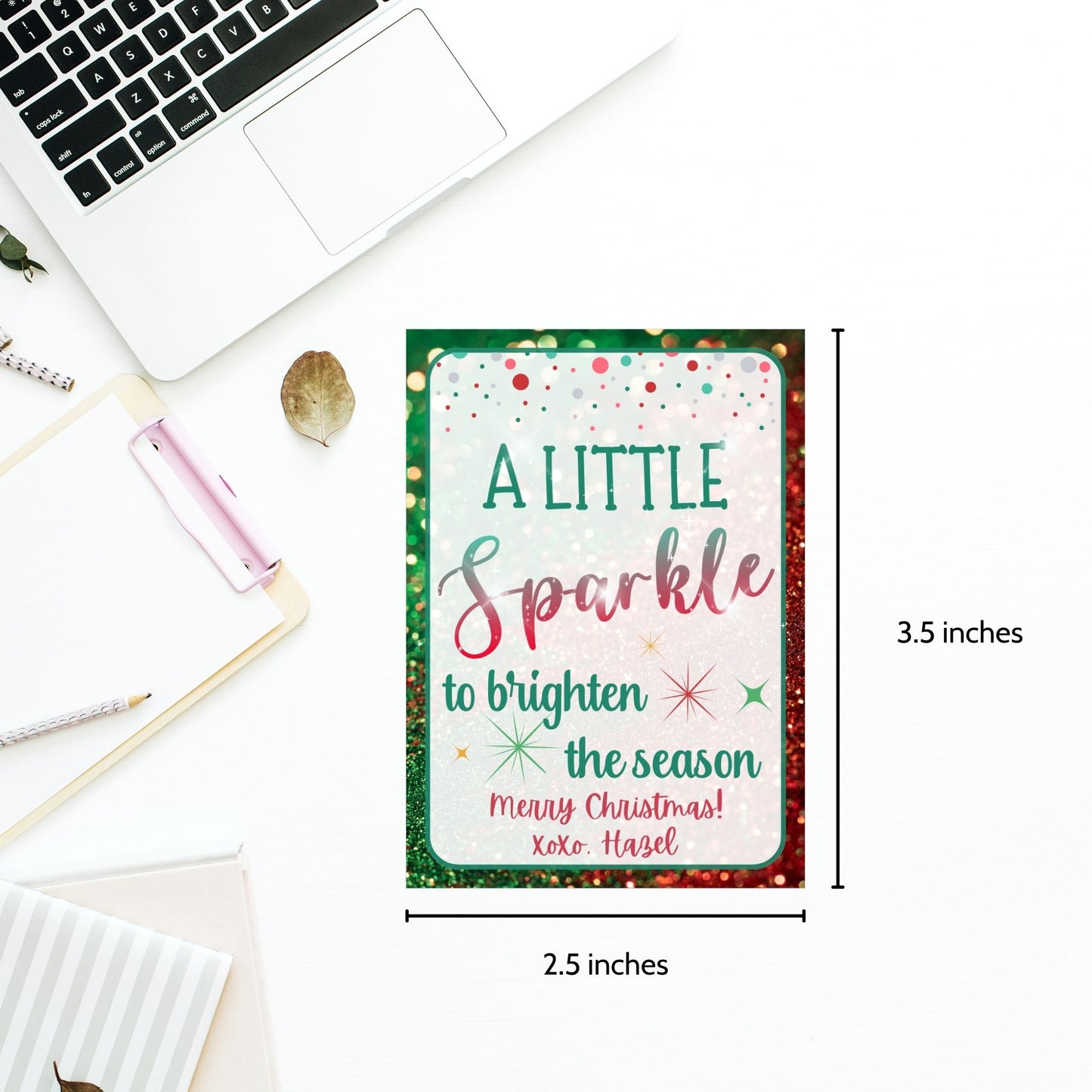 Christmas gift tags featuring the message "A Little Sparkle to Brighten the Season" with festive glitter effects, perfect for jewelry gifts like necklaces, earrings, and rings. These printable and editable tags add an elegant, festive touch to holiday gifts.