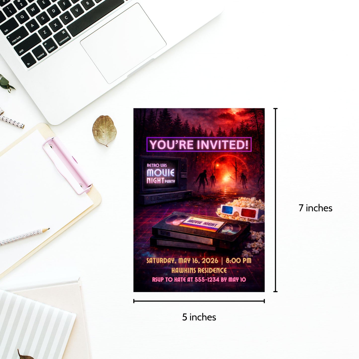 Editable retro sci-fi movie night invitation featuring neon glow, VHS-style elements, and cinematic 1980s nostalgia, designed as a 5x7 Canva-editable digital party invite for birthdays and movie nights.