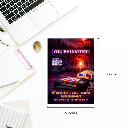 Editable retro sci-fi movie night invitation featuring neon glow, VHS-style elements, and cinematic 1980s nostalgia, designed as a 5x7 Canva-editable digital party invite for birthdays and movie nights.