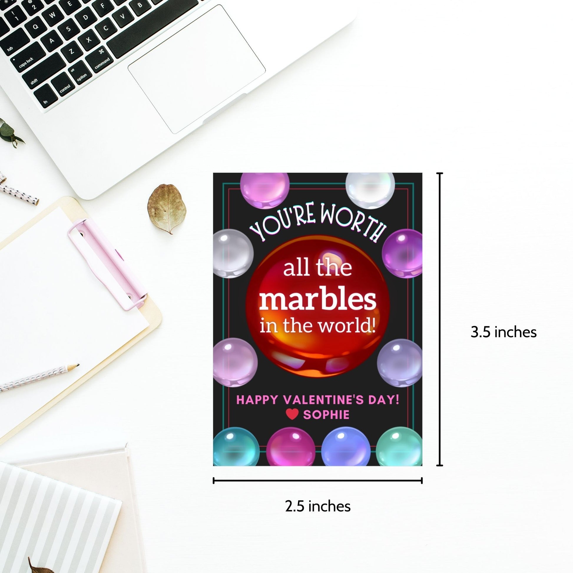 Printable Valentine’s Day gift tags featuring the message "You’re Worth All the Marbles in the World!" with colorful marble designs and a customizable name area. Perfect for kids, teachers, and loved ones.