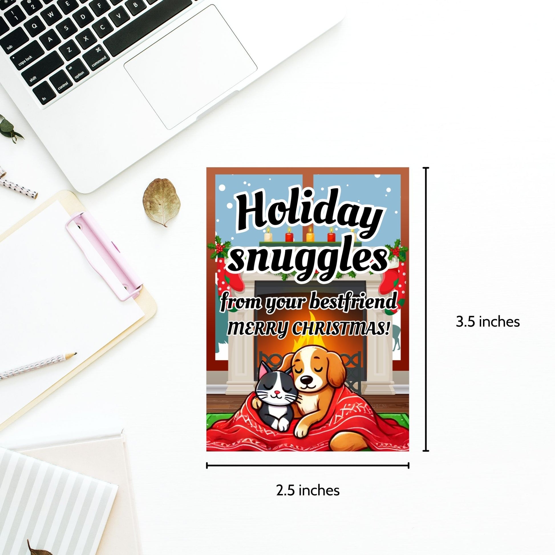 Christmas gift tags featuring a cozy dog and cat cuddled under a festive blanket by a snowy window, with the message "Holiday Snuggles from Your Best Friend." These printable and editable tags add warmth and charm to holiday gifts.