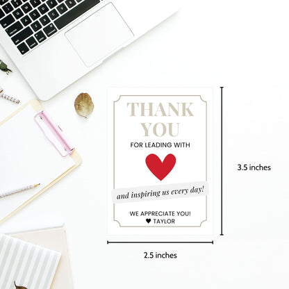 Editable National Boss's Day gift tags featuring a red heart with the message "Thank You for Leading with Heart" and customizable text to show appreciation. Tags are 2.5 x 3.5 inches, 8 per sheet.