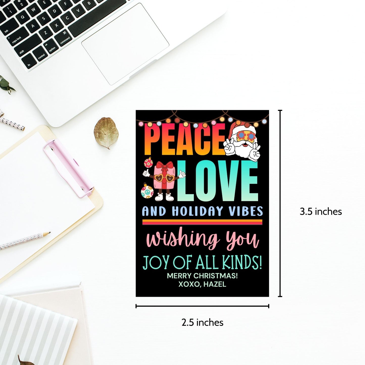 Colorful hippie-themed holiday gift tags with bold retro fonts, peace and love design elements, and Santa Claus in groovy style.