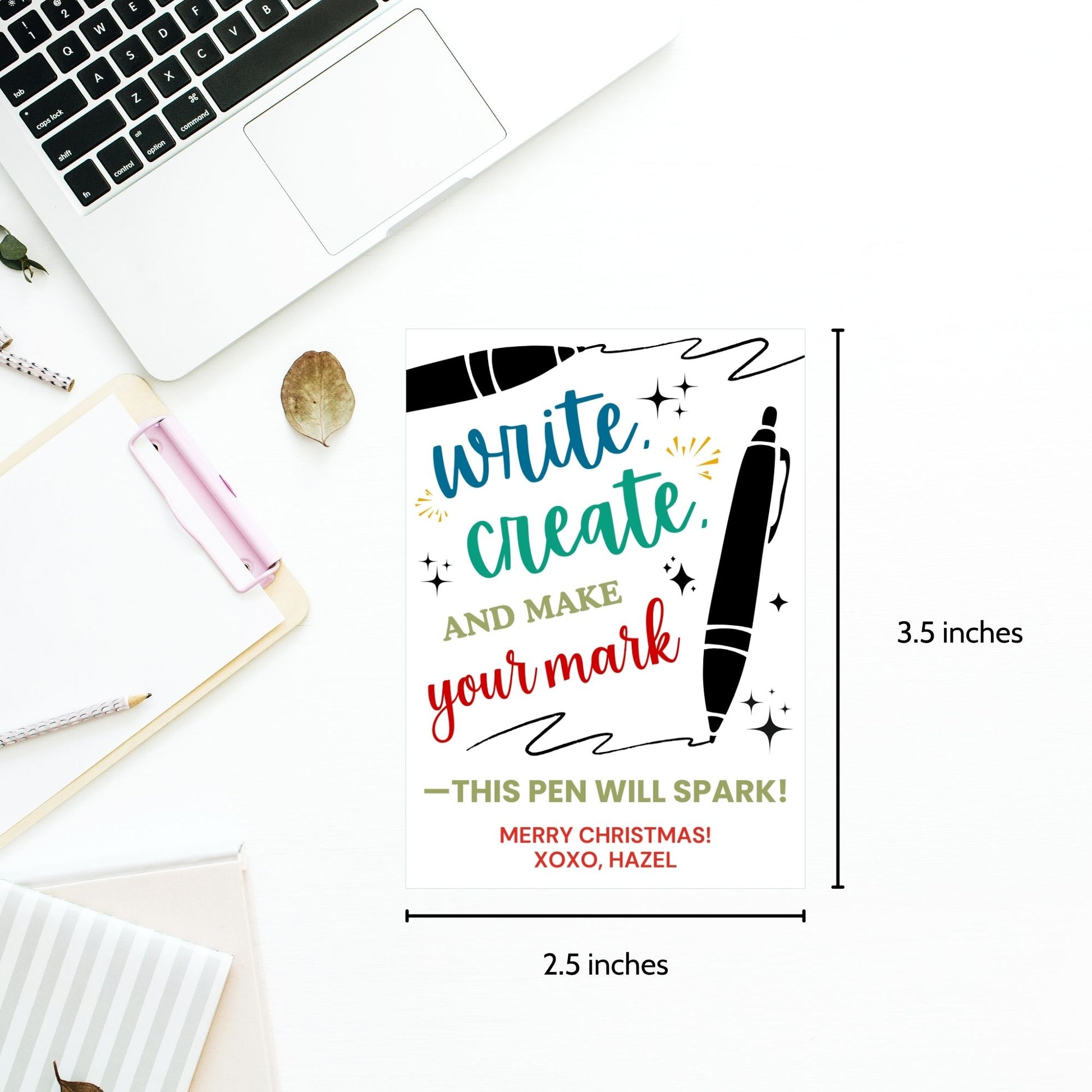 Festive pen-themed Christmas gift tags with the message 'Write, Create, and Make Your Mark - This Pen Will Spark!' Perfect for adding a creative touch to holiday gifts for teachers, students, and writers.