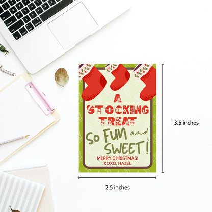 Printable and editable Christmas gift tags for stocking stuffers, featuring a "Stocking Treat" design perfect for fun holiday gifts like Peeps marshmallow treats, customizable on Canva, 8 tags per 8.5 x 11 sheet.